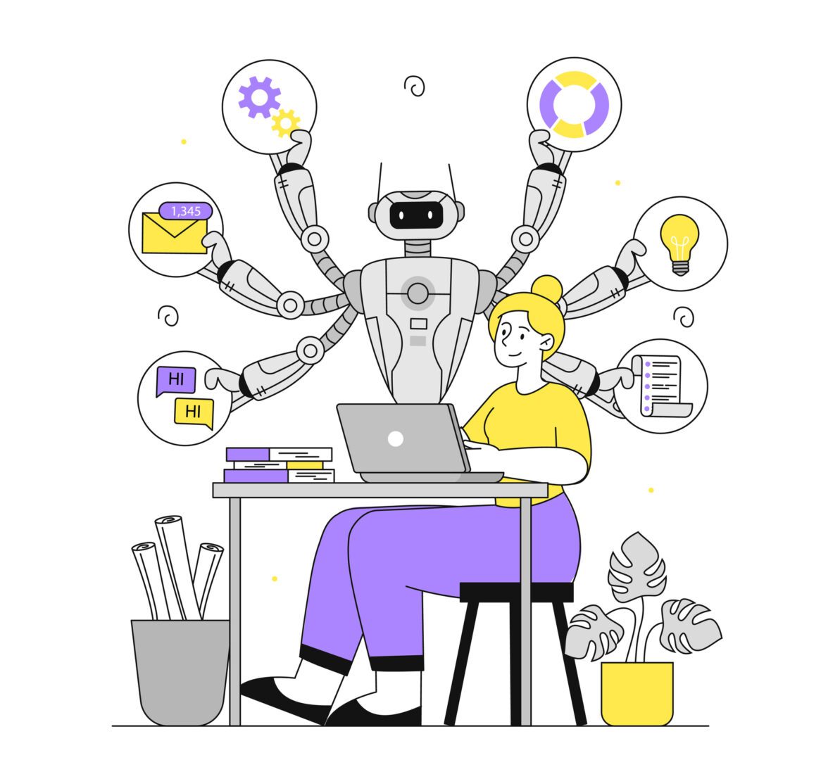 Robot assisting woman with multiple tasks