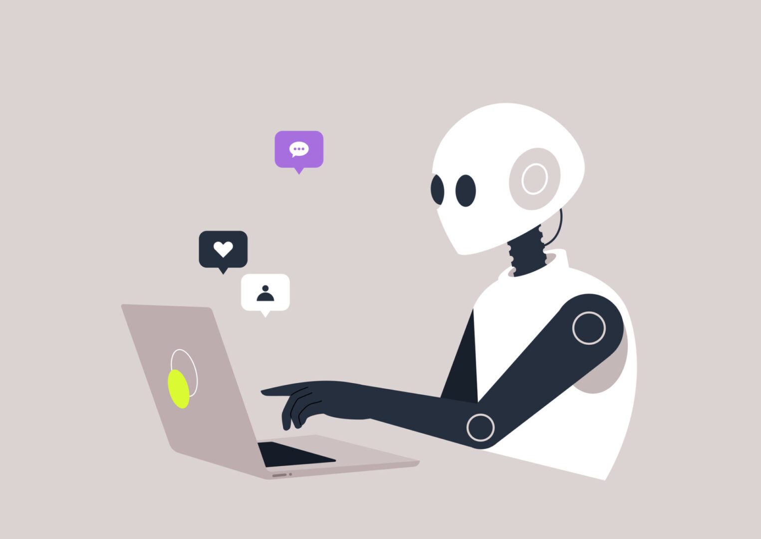 Robot typing on laptop with icons